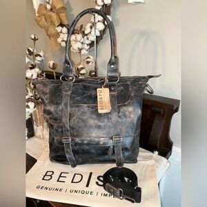 NWT Bed Stu Leather Big Fork Crossbody Tote Shoulder Bag Black Lux MSRP $365